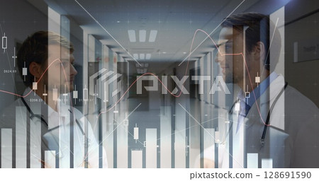 Image of data processing over caucasian male doctors talking Image of data processing over caucasian male doctors talking 128691590