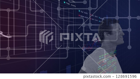 Image of data processing over caucasian man 128691596