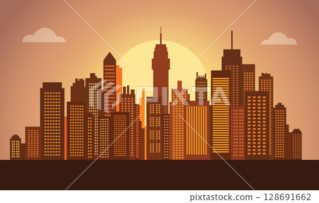 Cityscape in Evening Glow with Buildings Lit Against a Softly Darkening Urban Sky Cityscape in Evening Glow with Buildings Lit Against a Softly Darkening Urban Sky 128691662