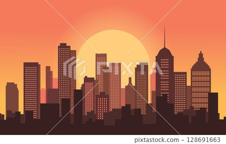 Cityscape in Evening Glow with Buildings Lit Against a Softly Darkening Urban Sky Cityscape in Evening Glow with Buildings Lit Against a Softly Darkening Urban Sky 128691663