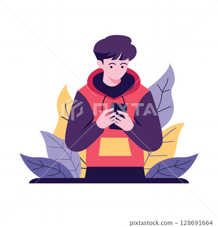 Boy Leaning Forward Fully Focused on Phone 128691664