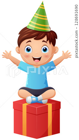 Happy little boy sitting on a gift box Happy little boy sitting on a gift box 128691690