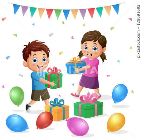 Cute little boy and girl having fun at birthday party Cute little boy and girl having fun at birthday party 128691692