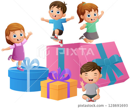 Happy children celebrating of birthday party Happy children celebrating of birthday party 128691693