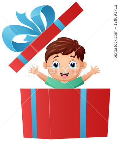 Happy little kid celebrate birthday and playing inside big gift box Happy little kid celebrate birthday and playing inside big gift box 128691712