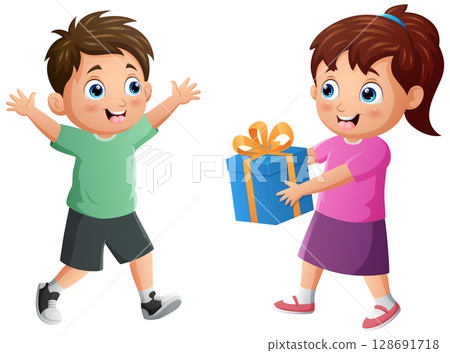 Cute little girl giving gift to boy Cute little girl giving gift to boy 128691718