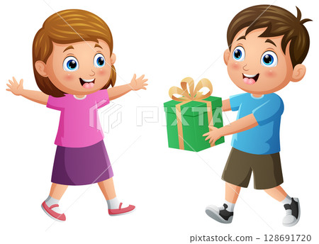 Cute little boy giving gift to girl Cute little boy giving gift to girl 128691720