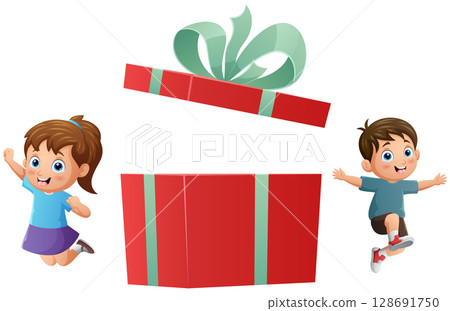 Cute cartoon boy and girl with big open gift box 128691750