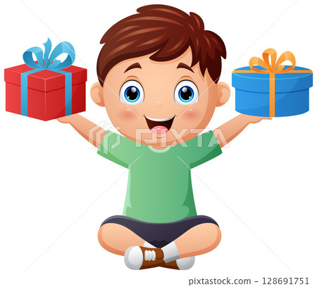 Happy little boy holding a gift box 128691751