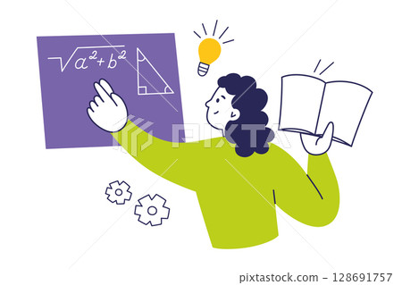 Flat cartoon vector illustration of school girl writing on chalkboard with notebook in hand. Pythagorean theorem, light bulb icon. Education theme, school life, learning process, academic visuals 128691757