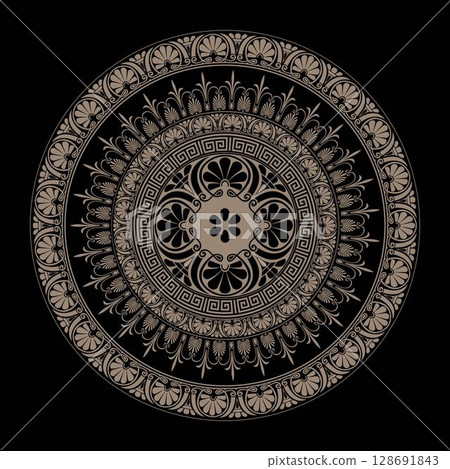 Decorative gold round frame for design with Greek key, meander. Circle frame. Egyptian, Assyrian, Greek motif circular frame. Template for textiles, engraving, forging, embroidery, porcelain 128691843