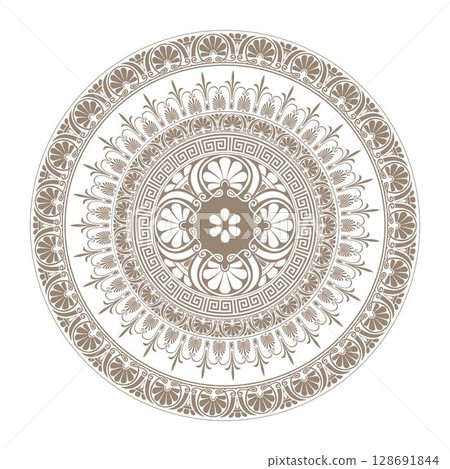 Round classic greek gold frame plate pattern. Greek meander. Circle european border. Round antique border. Patterns of Greece, ancient Rome. Circular pattern. Classic egyptian, assyrian, greek motives 128691844