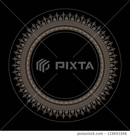 Golden Greek key and floral meander frame. Patterns of Greece, ancient Rome. Circle european antique border. Circular pattern. Vintage decorative elements. Islam, Arabic, Indian, ottoman motifs 128691846