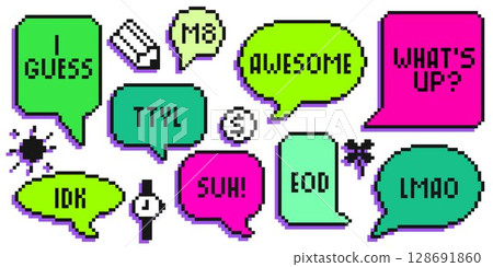 Pixel art speech bubbles set in bright colors 128691860
