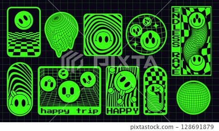 Neon green rave stickers on grid background Neon green rave stickers on grid background 128691879