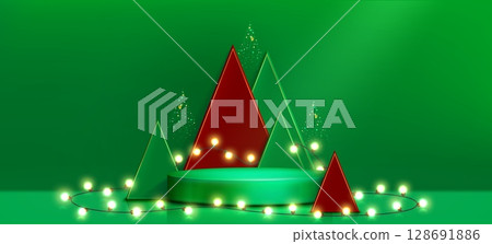Green xmas podium stage with festive bulb lights 128691886