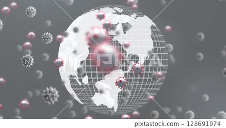 Displaying transparent 3D globe rotating in abstract digital space, with red-tipped virus particles 128691974