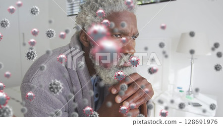 Sitting mid adult Black man clutching cane in bright bedroom, with 3D virus particles, copy space Sitting mid adult Black man clutching cane in bright bedroom, with 3D virus particles, copy space 128691976