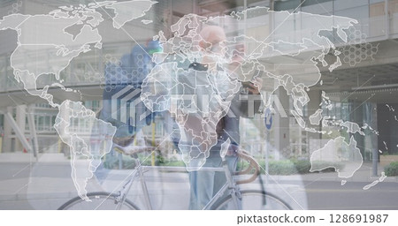 Image of world map and caucasian male doctor over caucasian man with bicycle 128691987