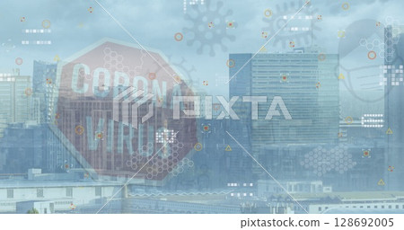 Image of virus icons over cityscape Image of virus icons over cityscape 128692005