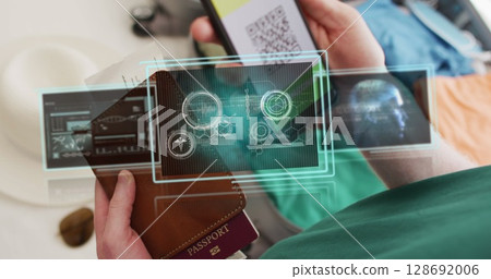 Image of data processing over caucasian man using smartphone 128692006