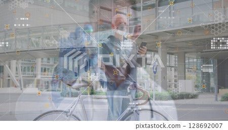 Image of data processing and caucasian male doctor over caucasian man with bicycle 128692007