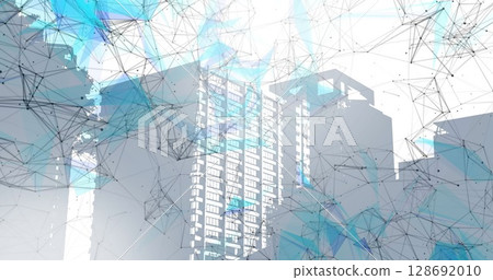 Image of network of connections over cityscape on white background 128692010