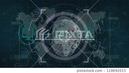 Image of fingerprint and data processing over network of connections on black background Image of fingerprint and data processing over network of connections on black background 128692015