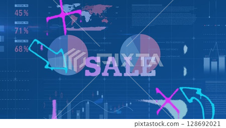 Image of sale text and icons over data processing on blue background Image of sale text and icons over data processing on blue background 128692021