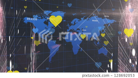 Image of hearts over data processing and world map on black background Image of hearts over data processing and world map on black background 128692053