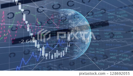 Image of data processing and globe over black background 128692055