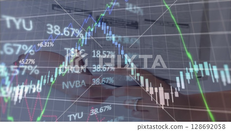 Image of data processing over caucasian woman with newspaper Image of data processing over caucasian woman with newspaper 128692058
