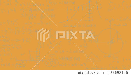 Image of mathematical equations moving over orange background 128692126