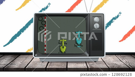 Image of tv screen with car race image game Image of tv screen with car race image game 128692128