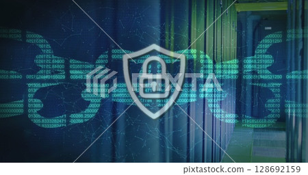 Image of data processing with padlock over server room Image of data processing with padlock over server room 128692159