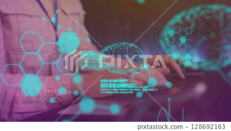 Image of data processing over caucasian female worker in server room Image of data processing over caucasian female worker in server room 128692163