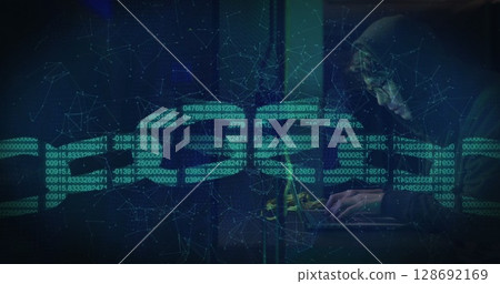 Image of data processing over asian male hacker in server room 128692169