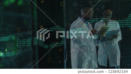 Image of data processing over african american workers in server room Image of data processing over african american workers in server room 128692184