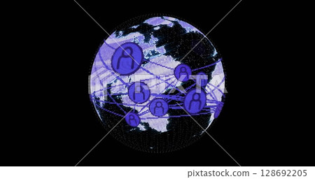 Image of interference over globe with network of connections on black background Image of interference over globe with network of connections on black background 128692205