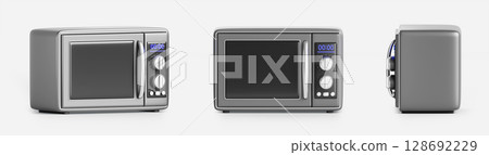 3d microwave oven front, side and angle view. Kitchen electric appliance for cooking, warm and defrost food. Isolated silver black microwave for home or office with display and button. 3D illustration 128692229