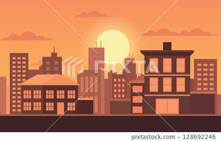 Cityscape in Evening Glow with Buildings Lit Against a Softly Darkening Urban Sky 128692246
