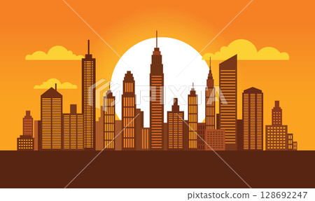Cityscape in Evening Glow with Buildings Lit Against a Softly Darkening Urban Sky Cityscape in Evening Glow with Buildings Lit Against a Softly Darkening Urban Sky 128692247
