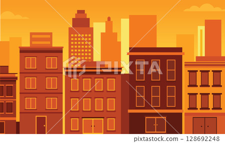 Cityscape in Evening Glow with Buildings Lit Against a Softly Darkening Urban Sky 128692248