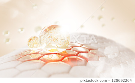 3d skin cells with gold oil drops, liquid serum or collagen gel. Epidermis layer with red damaged skin area, hexagon pattern. Repair, treatment, moisture, nourish from redness or acne. 3D illustration 128692264