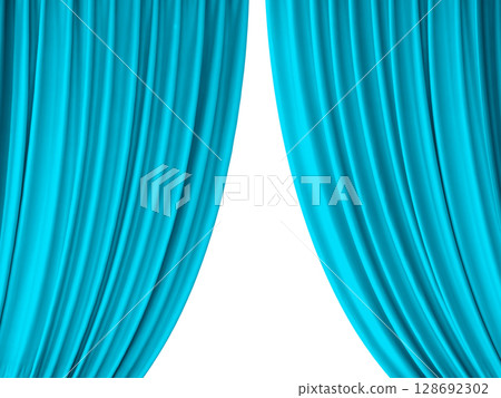 Photo of light blue stage curtain isolated on white background. Photo of light blue stage curtain isolated on white background. 128692302