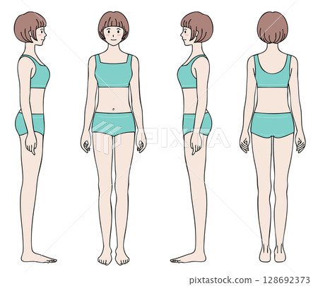 Female full body model 4-sided illustration set Turquoise color 128692373