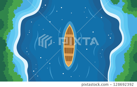 Aerial View of Floating Boat Centered in Vast Blue Water Ocean Lake 128692392