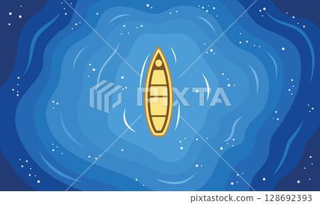 Aerial View of Floating Boat Centered in Vast Blue Water Ocean Lake 128692393