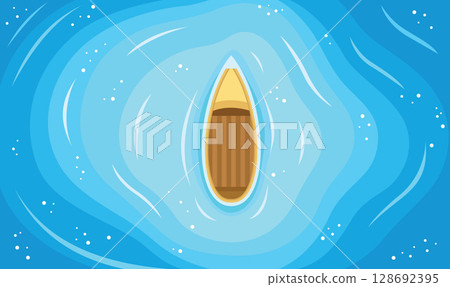 Aerial View of Floating Boat Centered in Vast Blue Water Ocean Lake 128692395