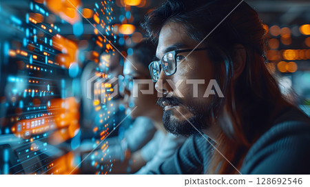 Business team startup modern creative team brainstorming in a modern office with digital charts. Perfect for startup, innovation, and corporate concept visuals. 128692546